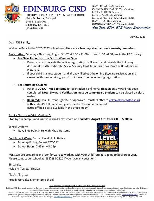 Welcome Back Letter for 26-27