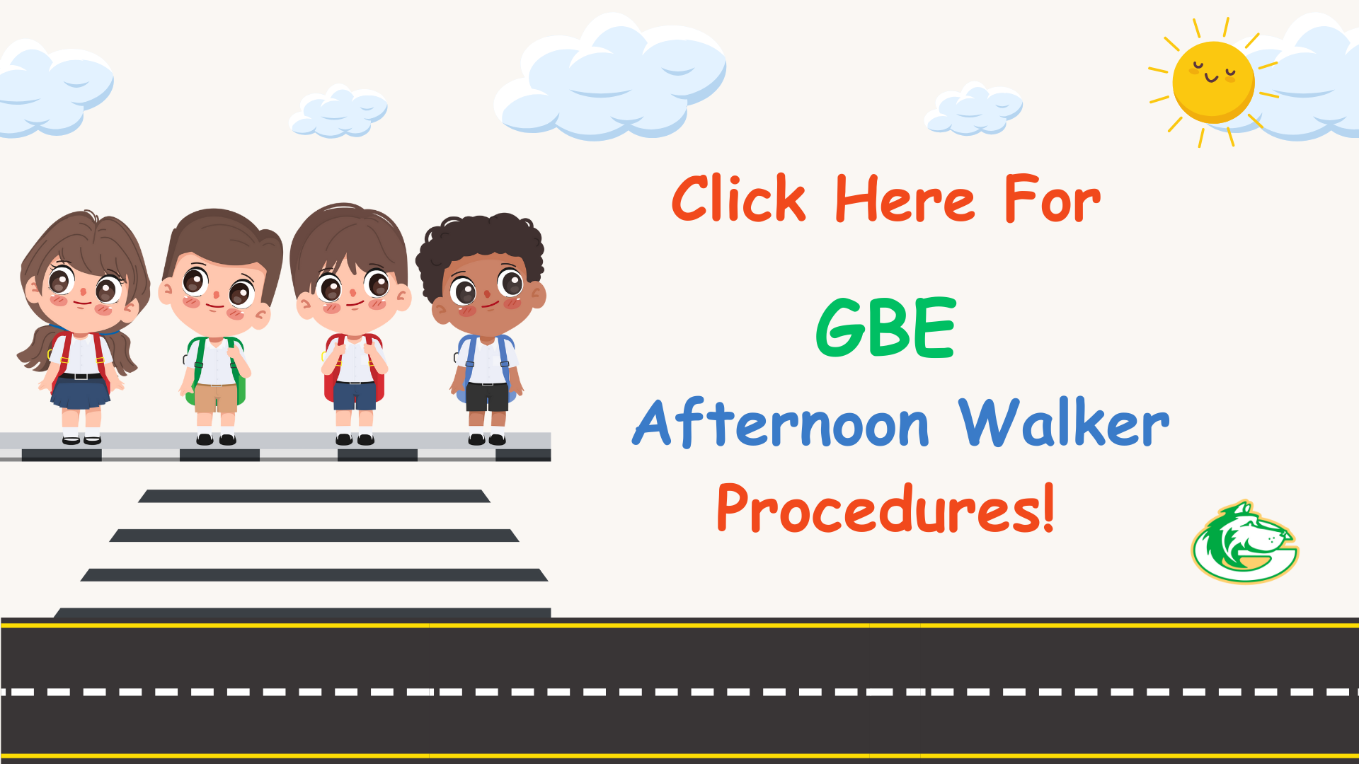 Four children in school attire standing at a crosswalk, with a sunny backdrop and clouds for GBE walker procedures.