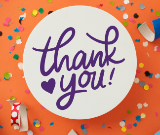 Purple thank you and heart inside a white circle with an orange confetti background