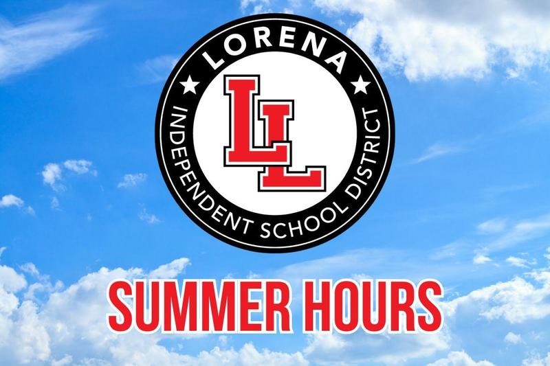 Summer Hours graphic with round black LISD logo with red LL in the middle