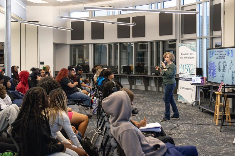 Julie Berry speaks with students