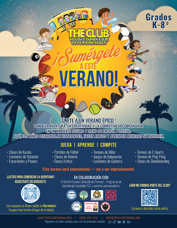 Dive Into Summer - The Club Youth & Family Club of Pomona - Spanish text