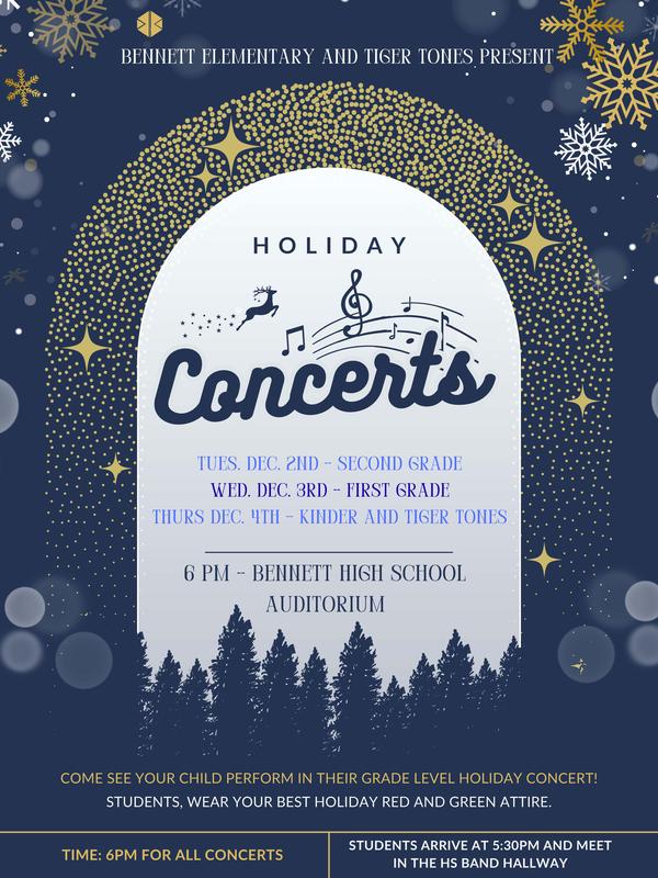 Holiday concert poster detailing event schedule and dress code.