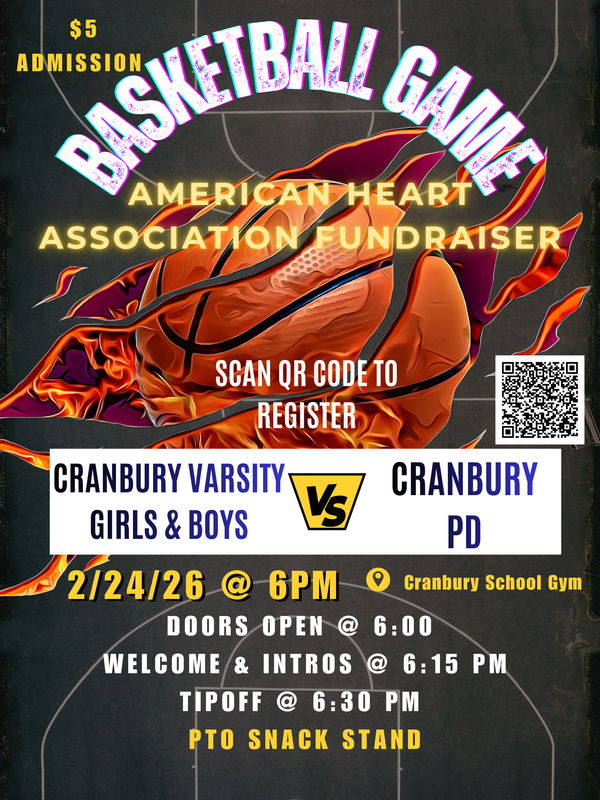 Varsity B-Ball vs. Cranbury PD - Feb 24 at 6:30 PM. Supporting American Heart Association.