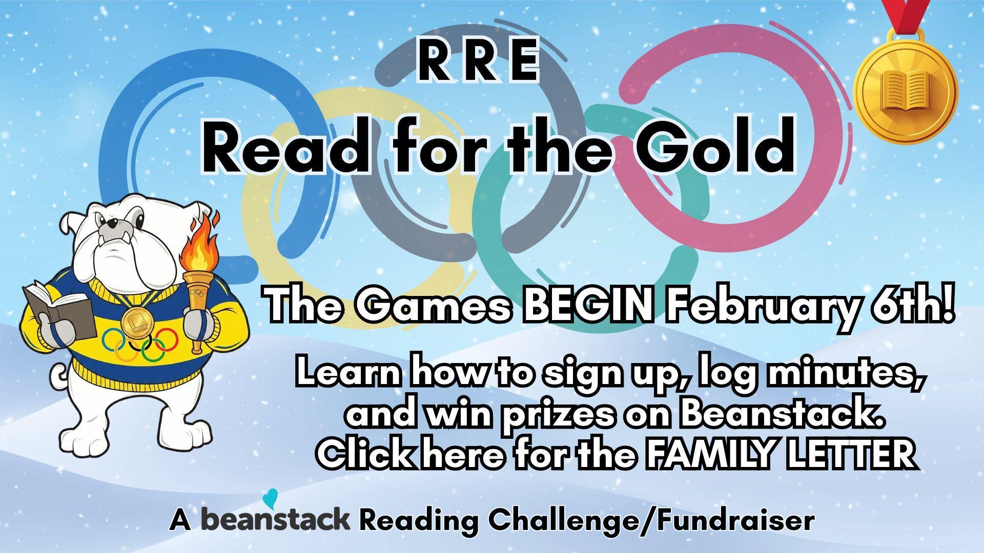 Bulldog wearing an Olympic medal promotes a reading challenge with colorful Olympic rings.