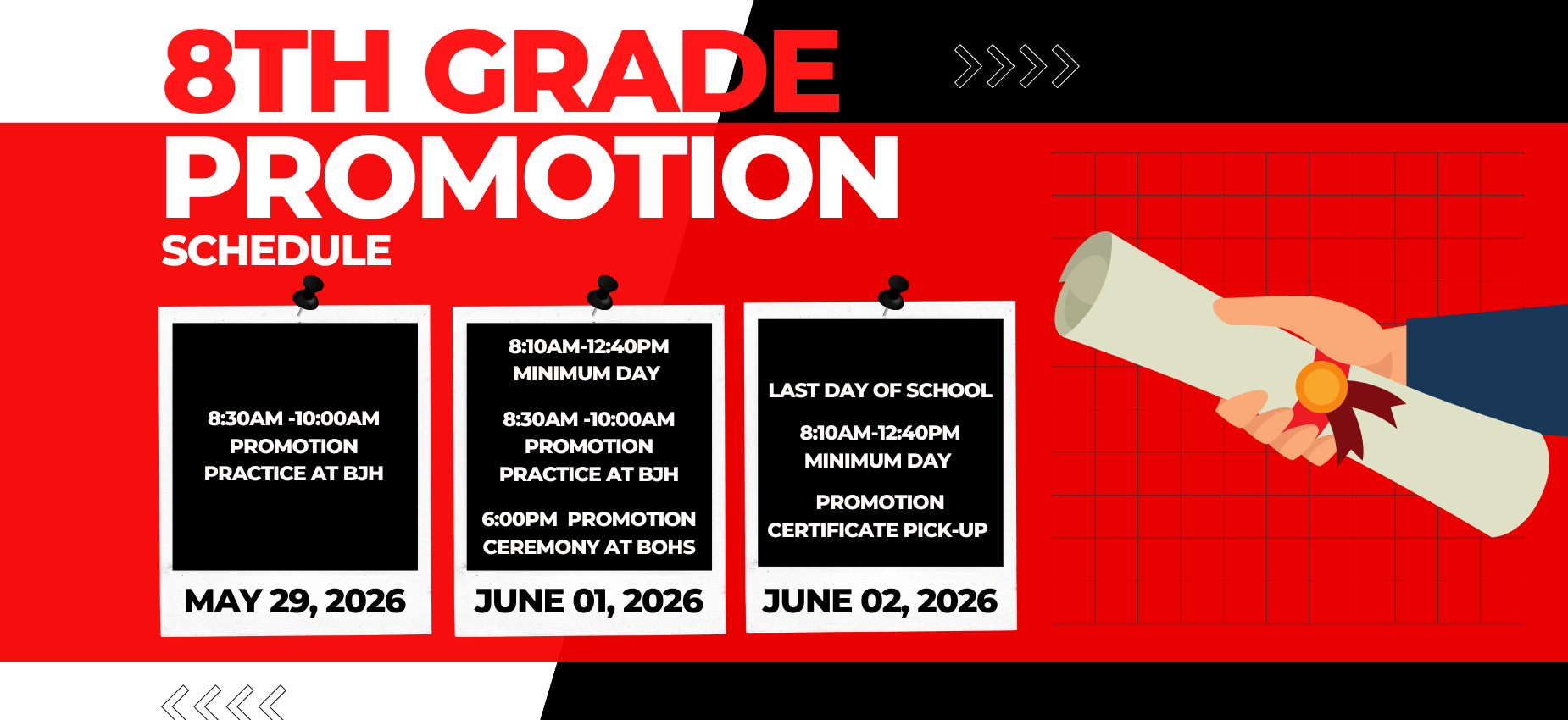 8th grade promotion schedule with event times and dates.