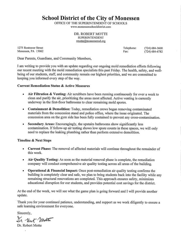 Letter from Dr. Motte, Superintendent 9/22/2026 (Update MS/HS Buildings) Featured Photo