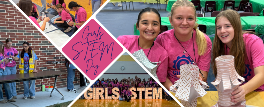 Collage of girls participating in STEM activities and celebrating Girls STEM Day.