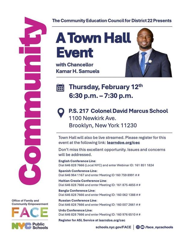 A town hall event flyer with details about the gathering and speaker.