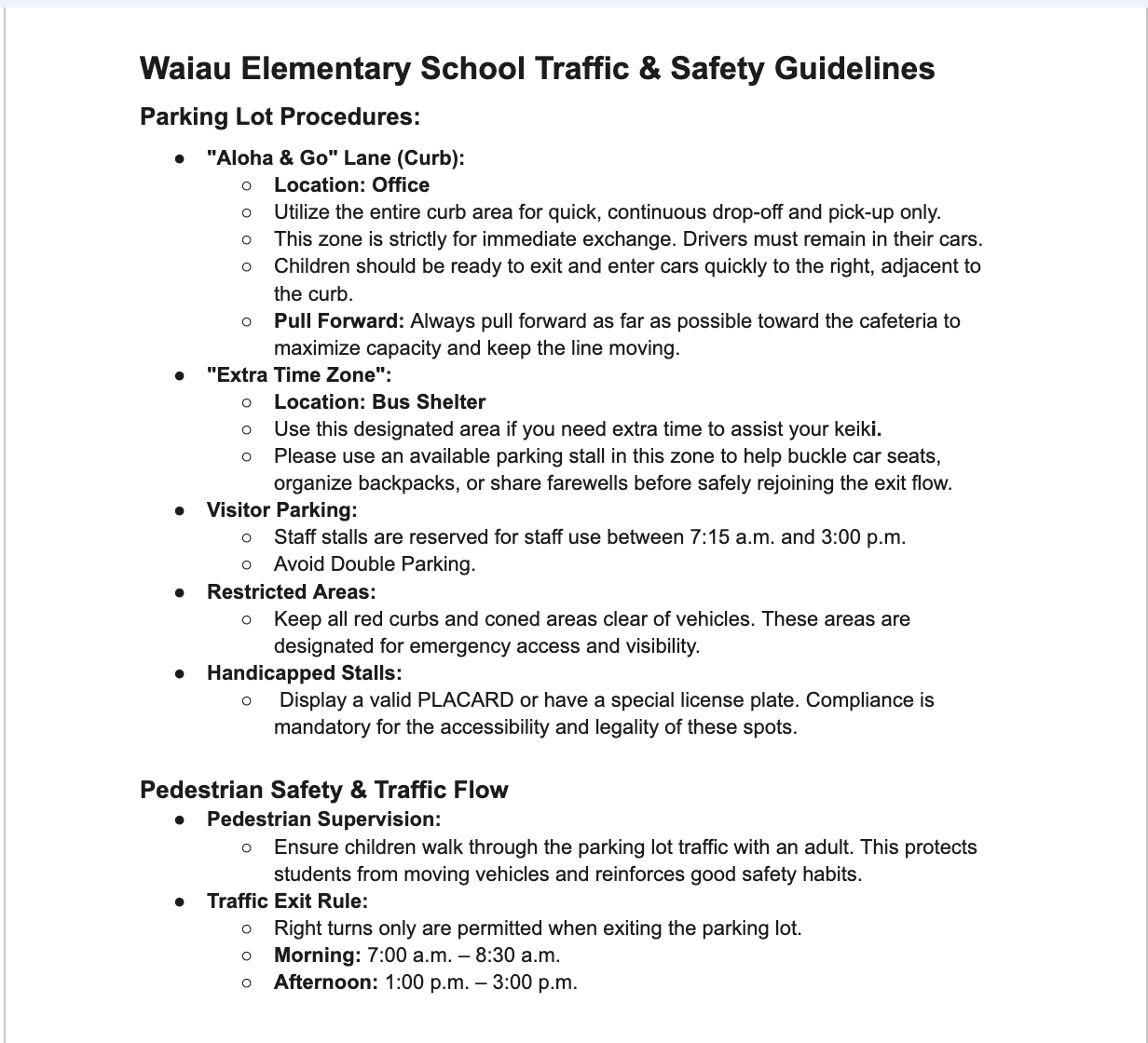 Description of new traffic rules for Waiau Elementaryʻs parking lot