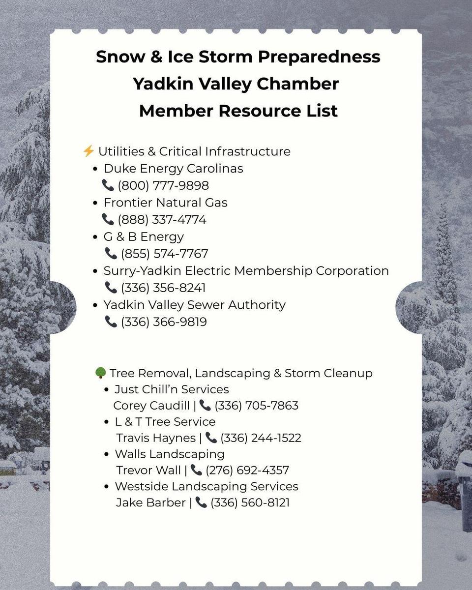 Yadkin Valley Chamber emergency resource list. Click to access list.