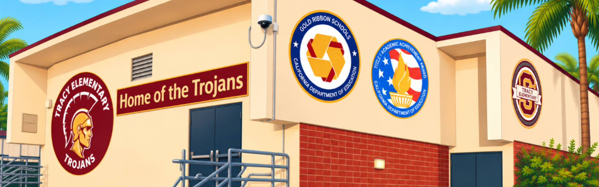School building with Trojans mascot and logos on the walls.