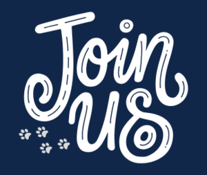 White text saying Join Us with gray paw prints on a navy background