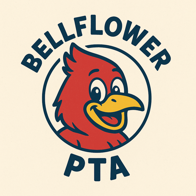 Cartoon cardinal mascot with smiling expression, text 'BELLFLOWER PTA'.