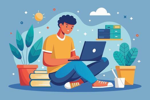 Student sitting using a laptop and headphones