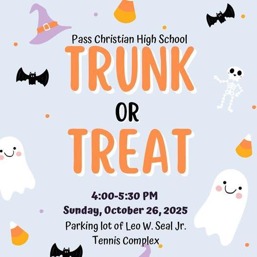Get your costumes ready! Join us for Pass Christian High School’s Trunk or Treat on Sunday, October 26 from 4:00–5:30 PM