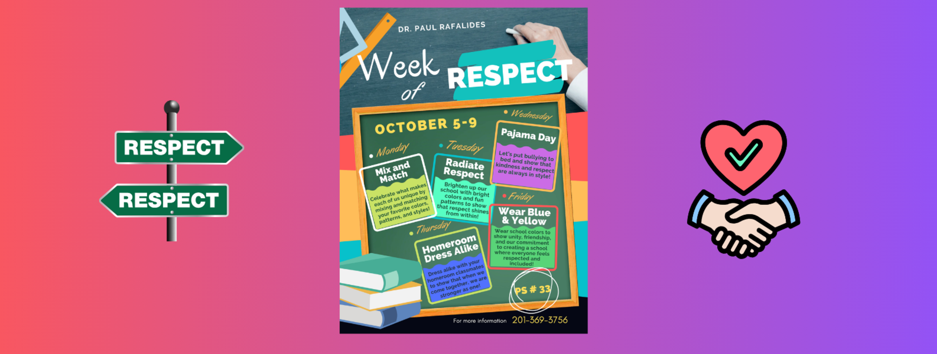 Colorful poster for 'Week of Respect' with event details and decorative icons.