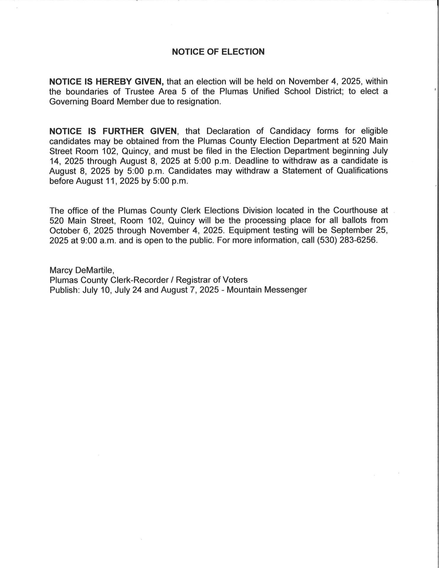 Notice of Election Trustee Area 5