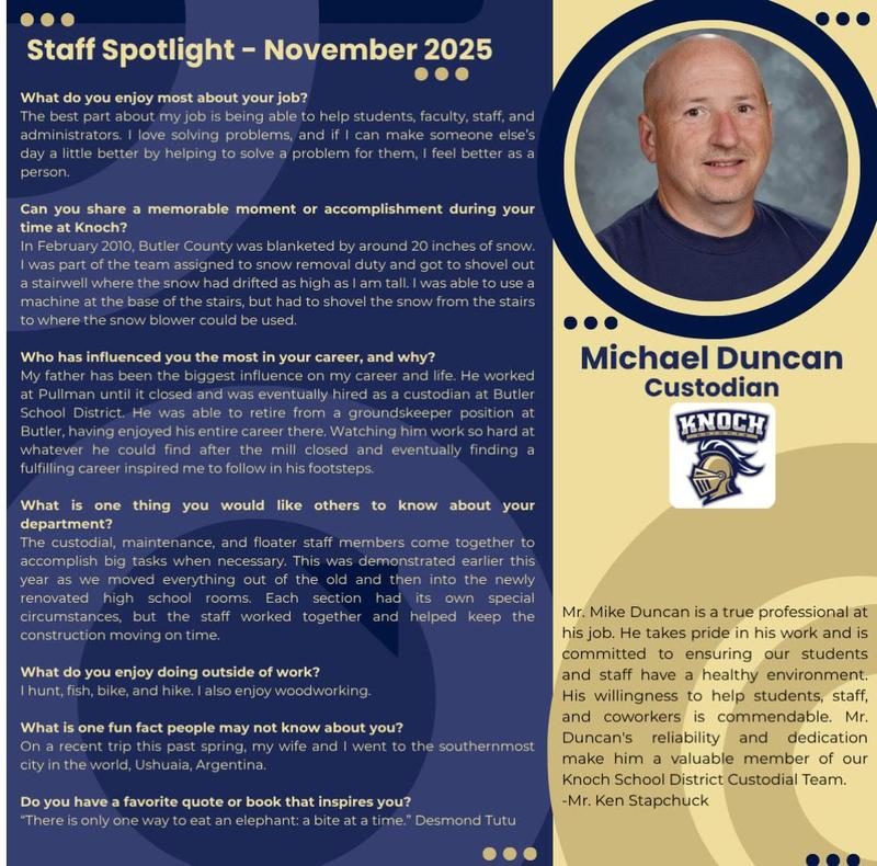 November Staff spotlight - Michael Duncan, a custodian with the school