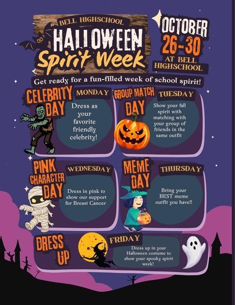 This flyer shows the dates for the halloween spirit week starting 10/25