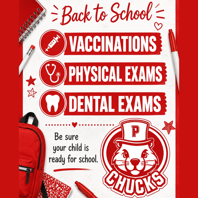 red background with backpack, markers, and other school supplies