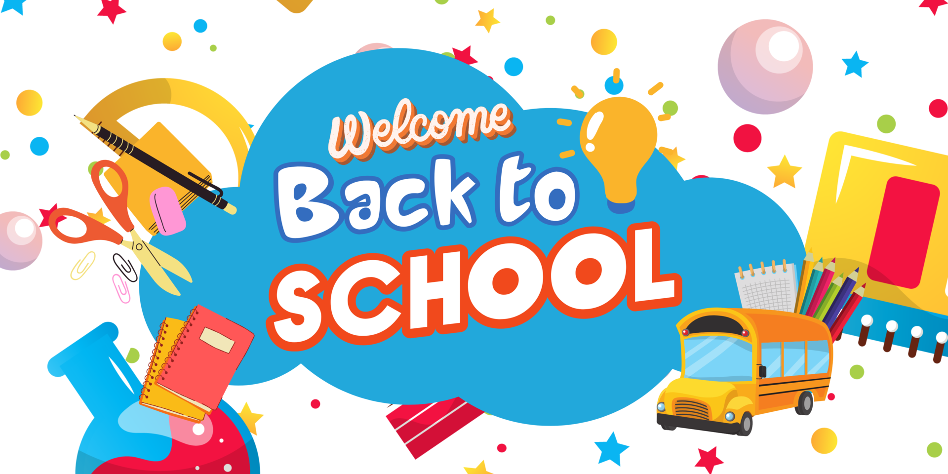 Welcome Back to School banner with images of a school bus and supplies