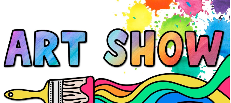 Colorful text reading 'ART SHOW' with paint splashes and a paintbrush.