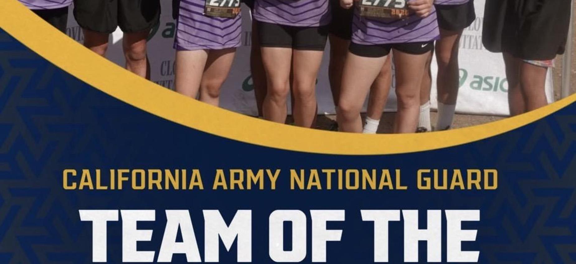 Group of runners in purple uniforms with a banner reading 'Team of the Year'.