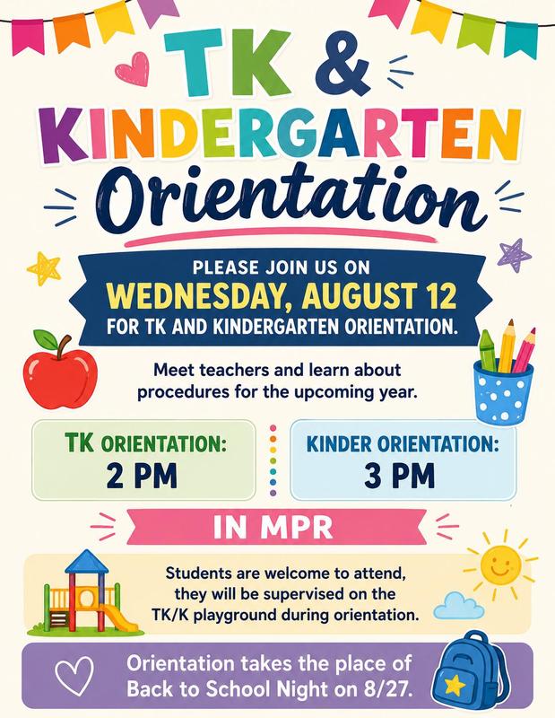 TK & Kindergarten Orientation: August 12, 2026