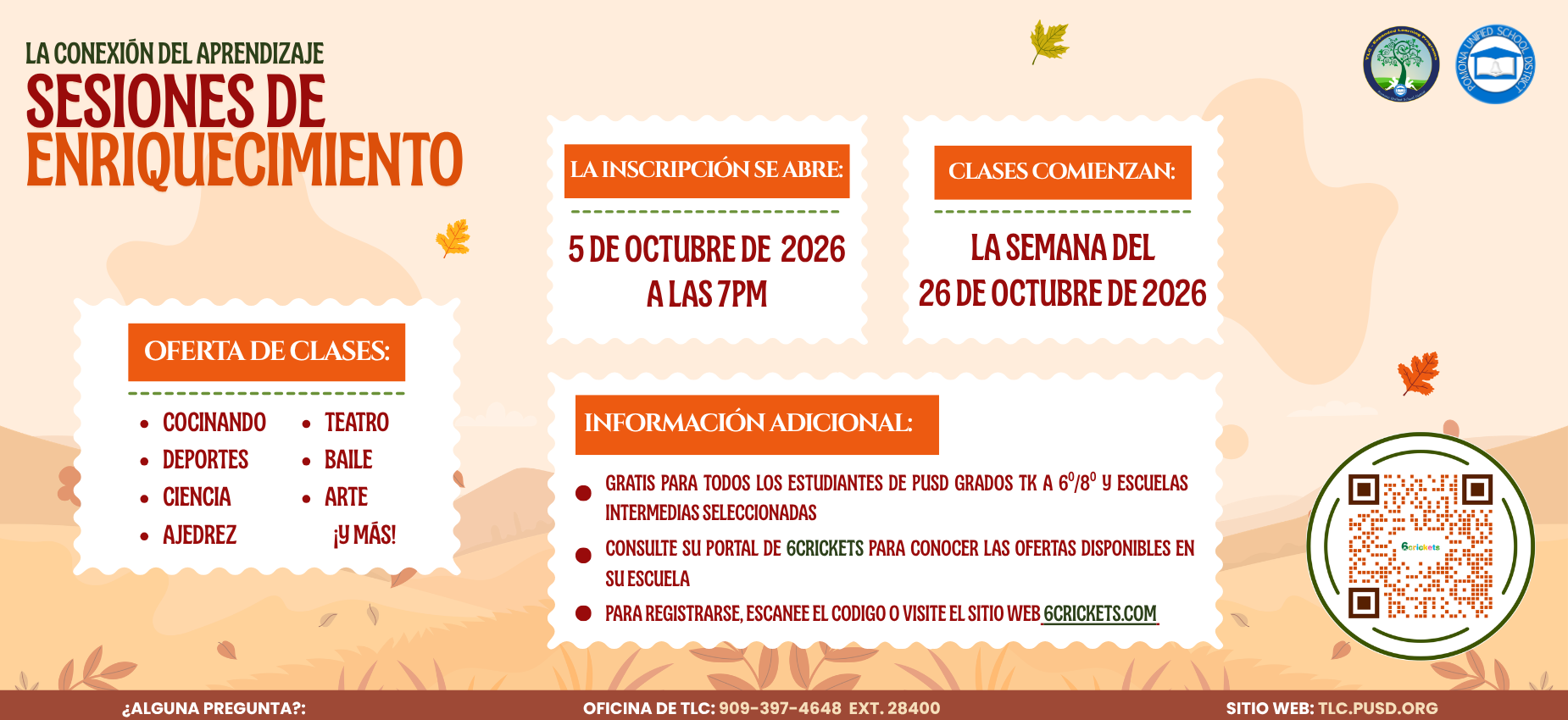 inscripciones ya est&aacute;n abiertas para sesiones de enriquecimiento; visite 6crickets.com para inscribirse.