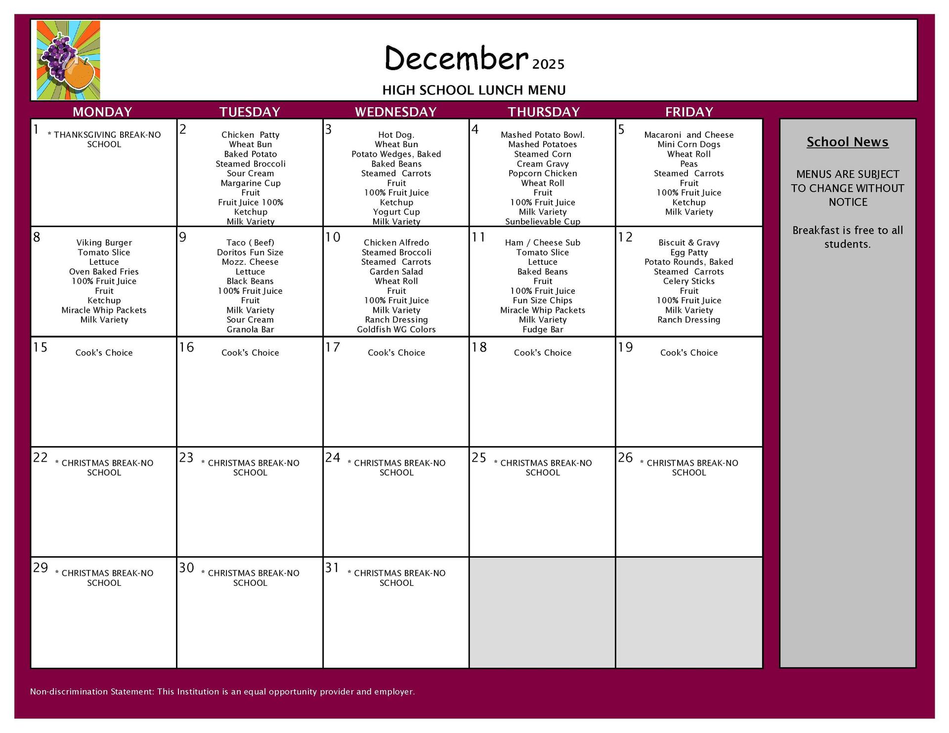 December Lunch Menu 9-12