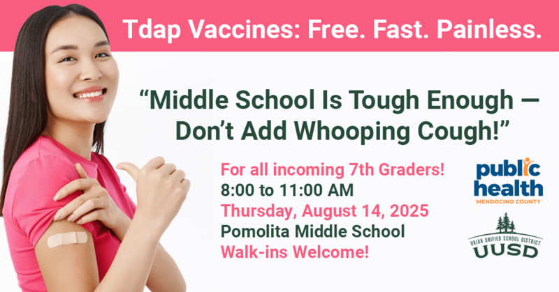 photo of female vaccine recipient with info about the Tdap clinic