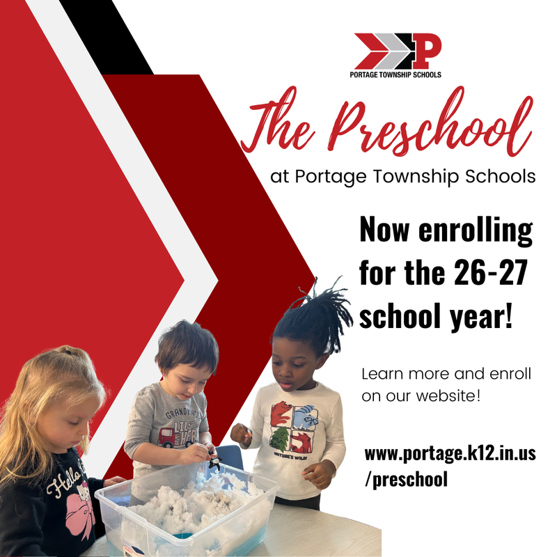 Children playing with snow-like material at a preschool enrollment advertisement.