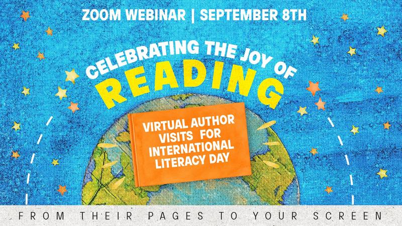 International Literacy Day virtual author visits graphic with globe and book.