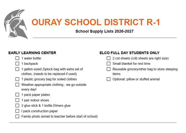 School supply list for 2026-27