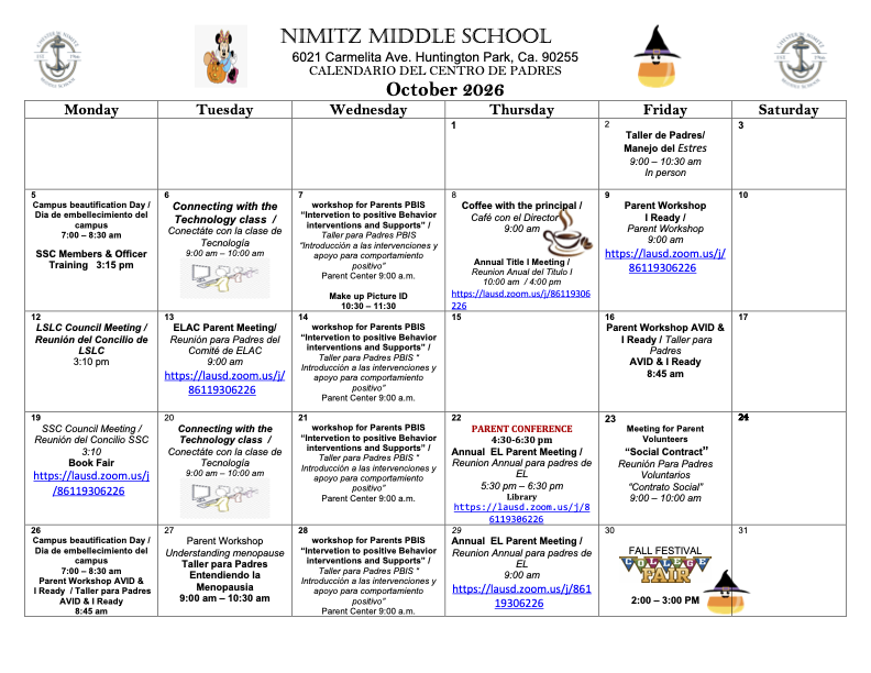 Parent Center Calendar for October 2026/Calendario del Centro de Padres para Octubre 2026 Featured Photo