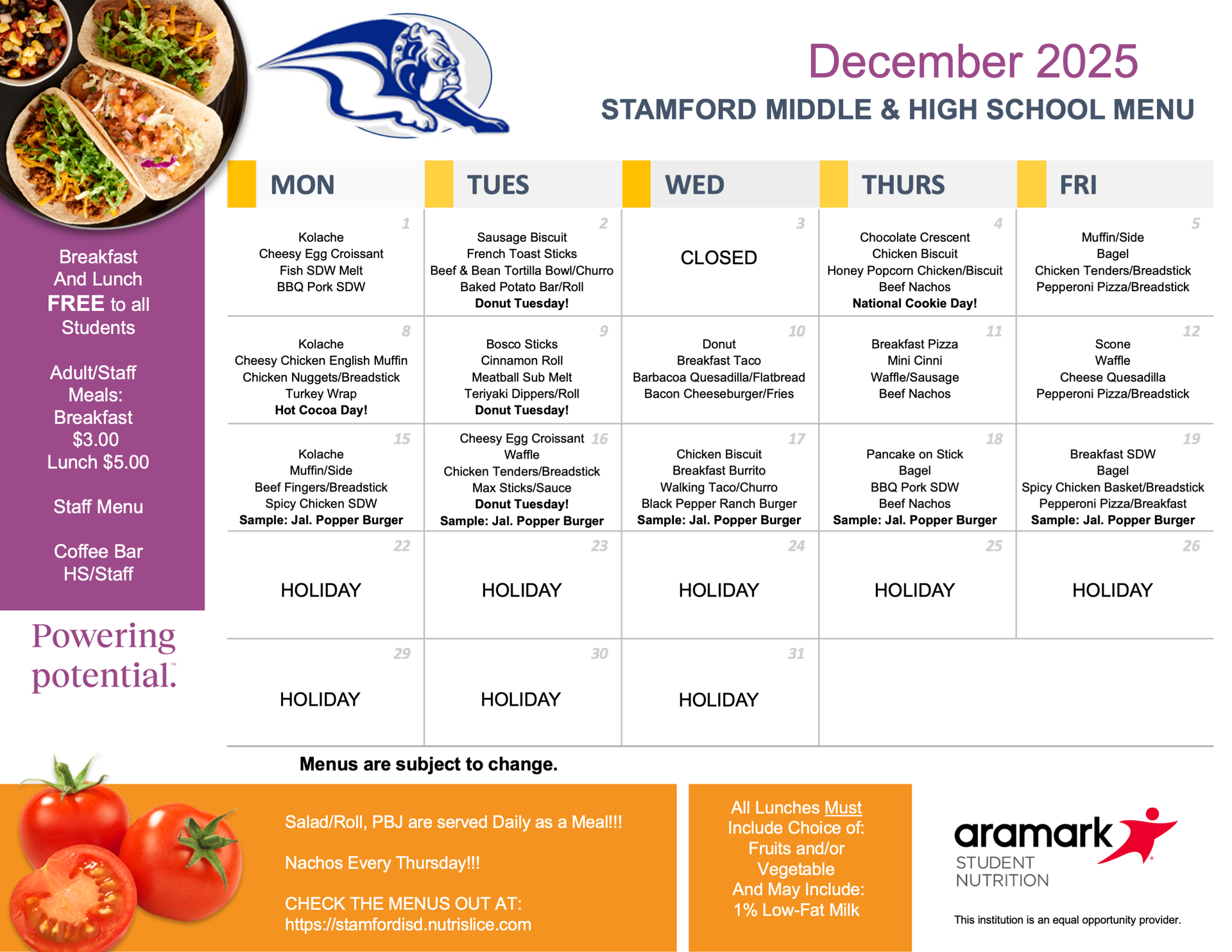 HS and MS December Menu 2025