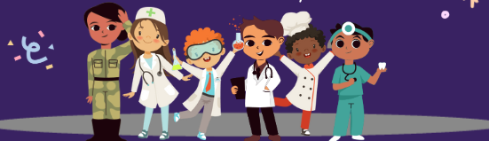 Children dressed as military, medical personnel, scientist, and chef