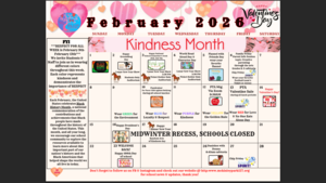 Calendar for February 2026 highlighting Kindness Month with Valentine's Day decorations.