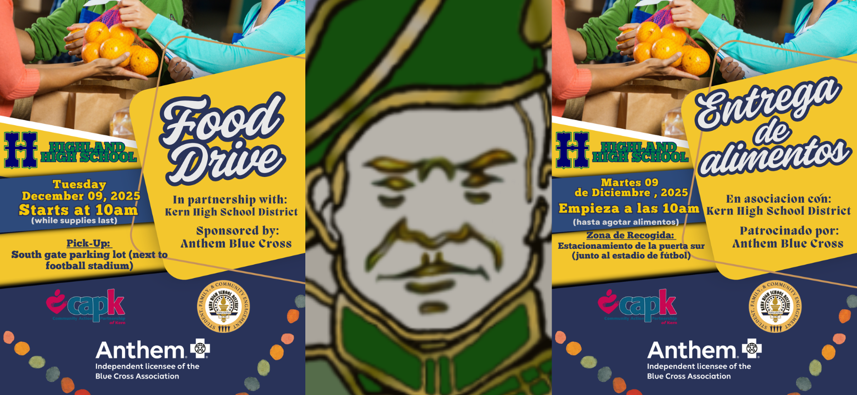 Event flyer announcing a food drive with date, location, and sponsors in English and Spanish.