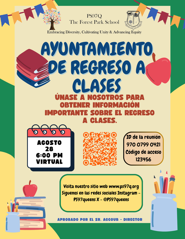 Green & yellow back to school flyer with date and time in Spanish