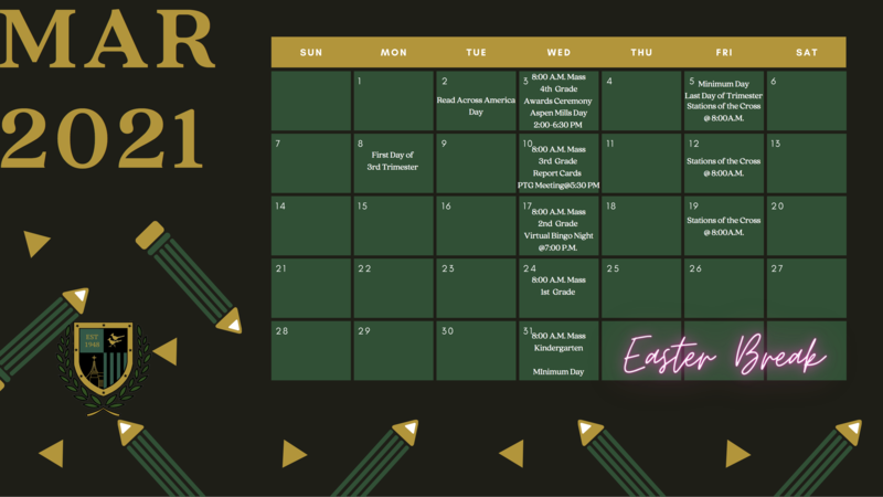 calendar displaying school logo and month of March dates