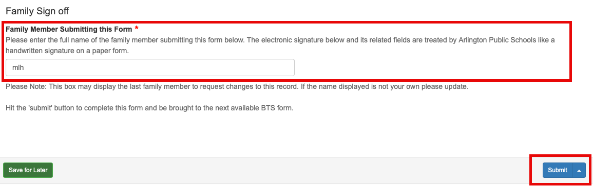 Form section showing box to enter signature and submit bottom in the bottom right