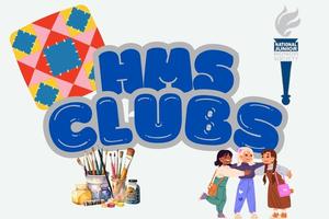 graphic showing HMS clubs with a quilt, art, and students hanging out