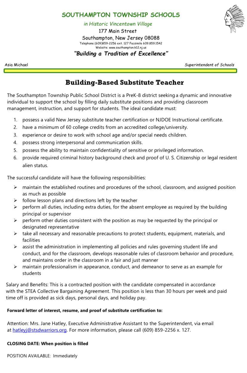 Job Openings – Human Resources – Southampton Township Schools