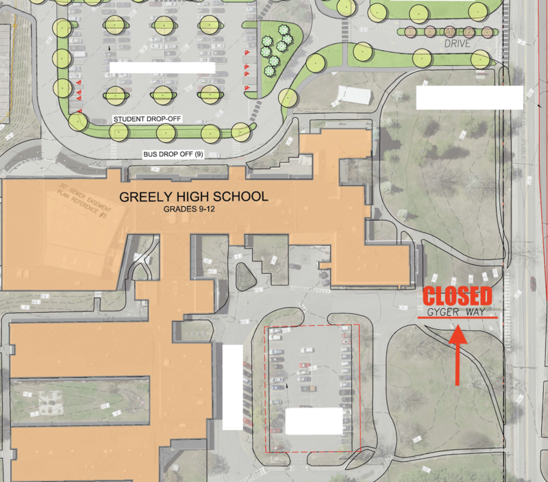 Map of Greely High School showing layout and closed area notification.