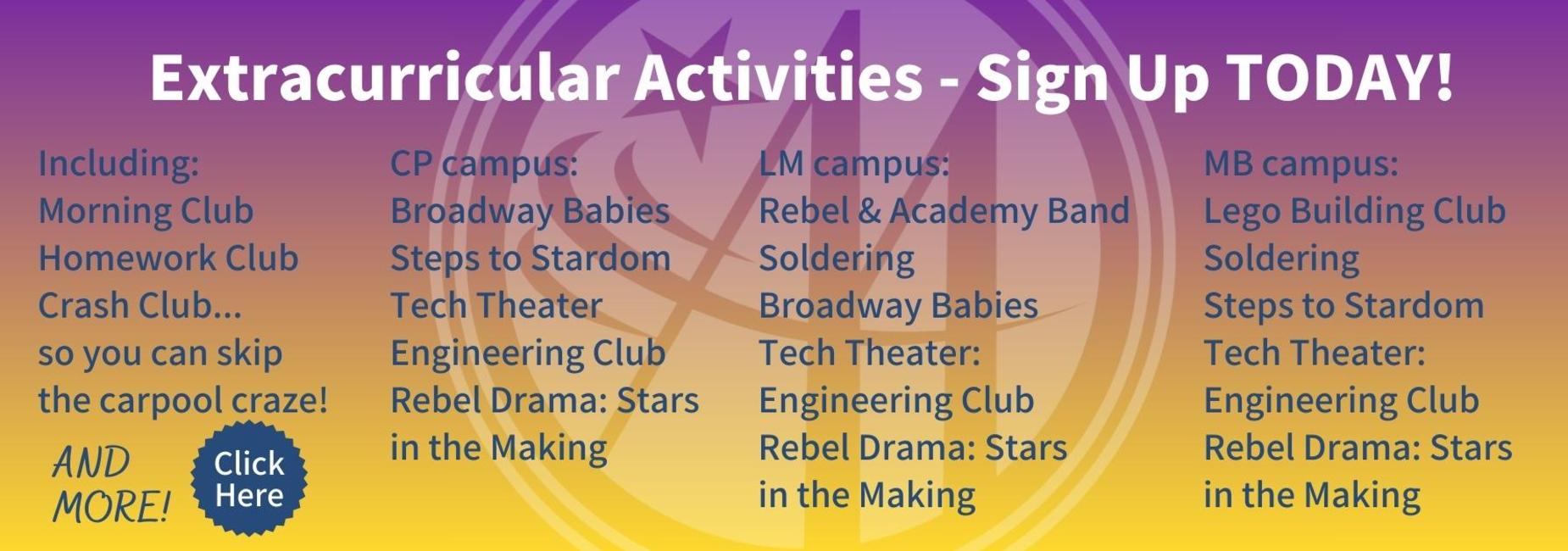 Banner announcing extracurricular activities sign-up with activities listed per campus.