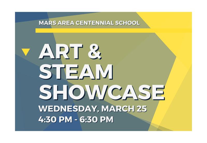 A blue and yellow background with the words Art and STEAM Showcase