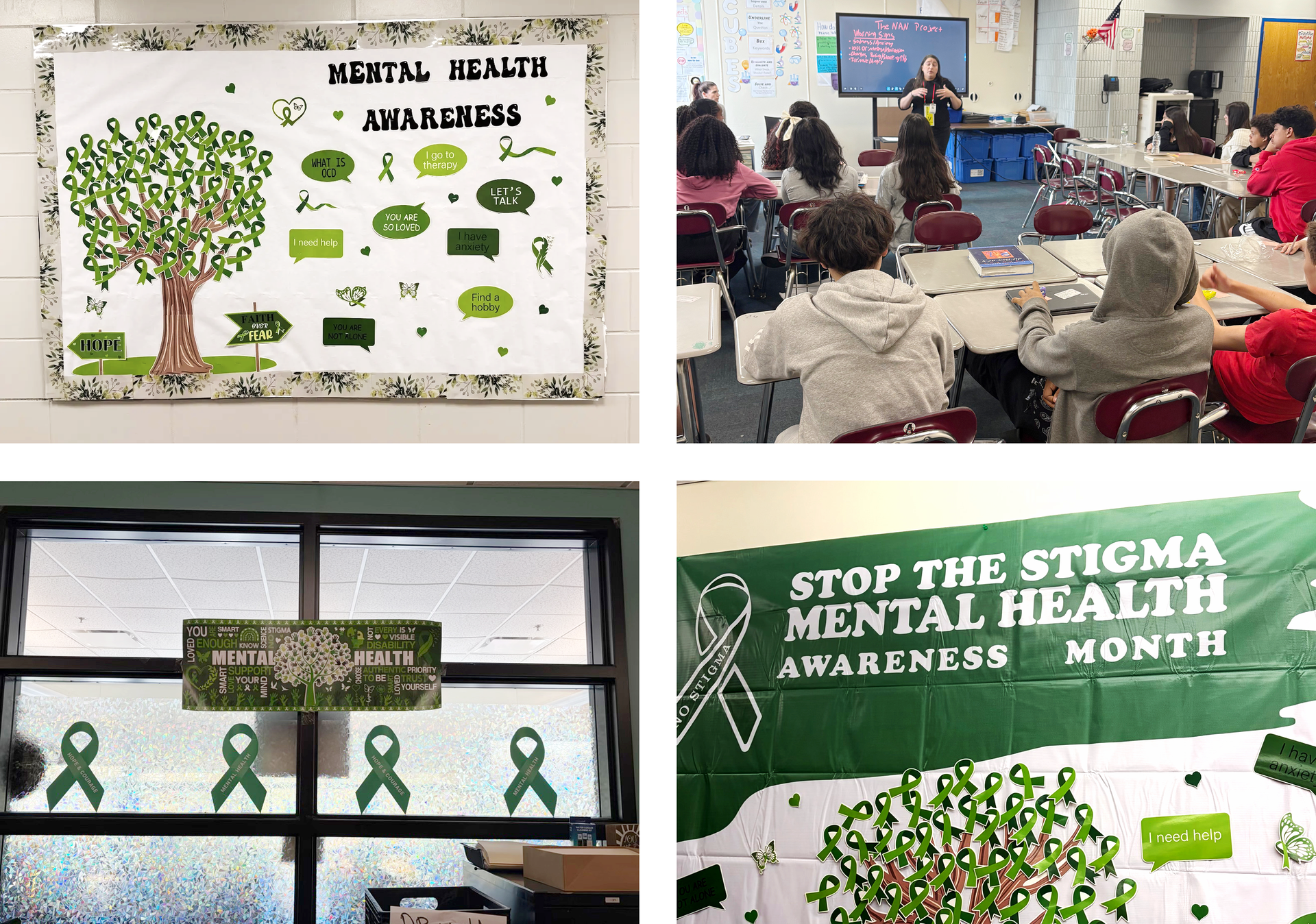 Collage of mental health awareness materials displayed in a classroom and hall.