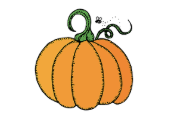 Illustration of an orange pumpkin with a green stem and curling vine.